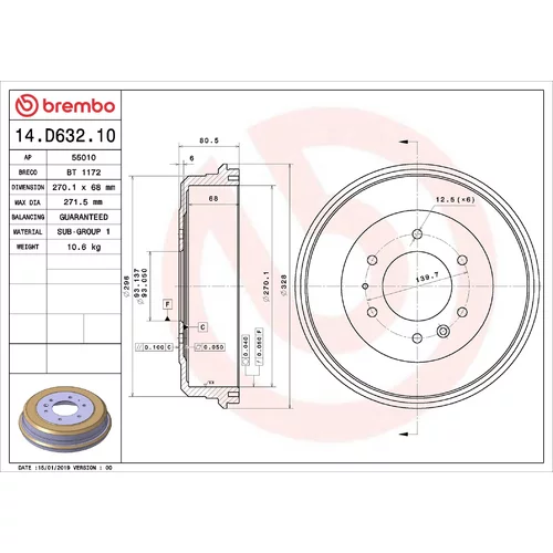 Brzdový bubon BREMBO 14.D632.10