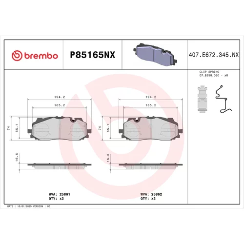 Sada brzdových platničiek kotúčovej brzdy BREMBO P85165NX