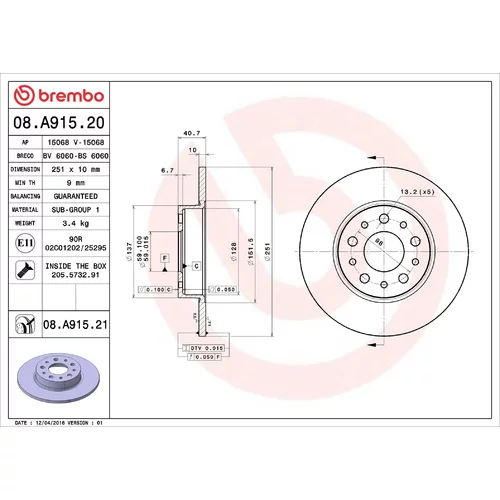 Brzdový kotúč BREMBO 08.A915.21