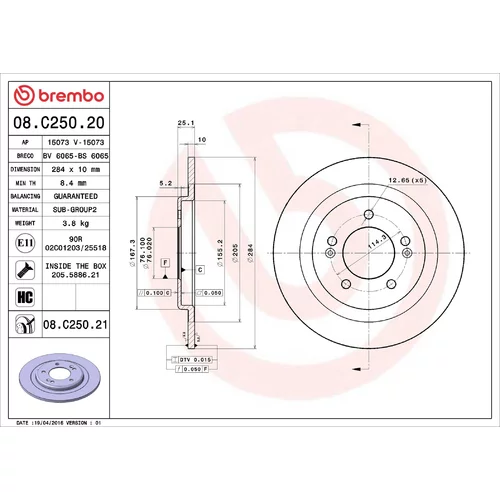 Brzdový kotúč BREMBO 08.C250.21