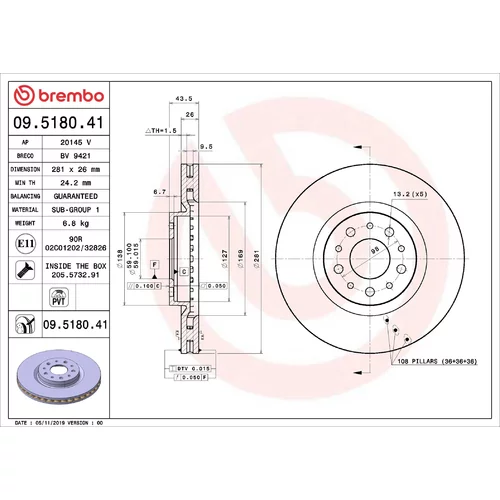 Brzdový kotúč BREMBO 09.5180.41