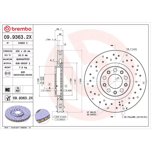 Brzdový kotúč BREMBO 09.9363.2X