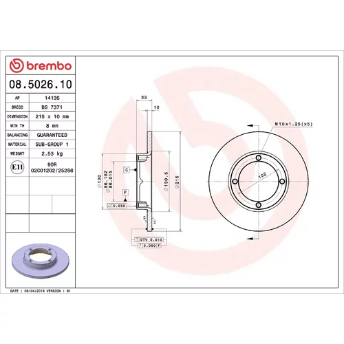 Brzdový kotúč BREMBO 08.5026.10