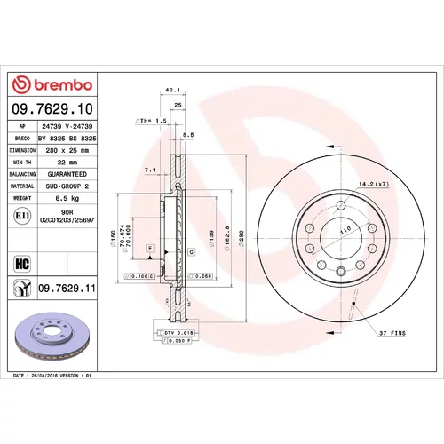 Brzdový kotúč BREMBO 09.7629.11