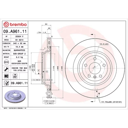 Brzdový kotúč BREMBO 09.A961.11