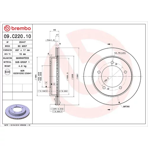 Brzdový kotúč BREMBO 09.C220.10