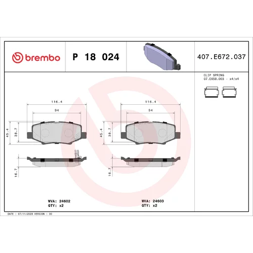 Sada brzdových platničiek kotúčovej brzdy BREMBO P 18 024