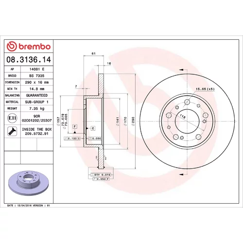 Brzdový kotúč BREMBO 08.3136.14