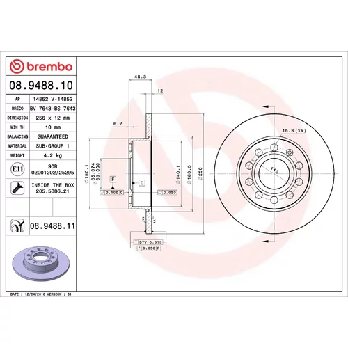 Brzdový kotúč BREMBO 08.9488.10