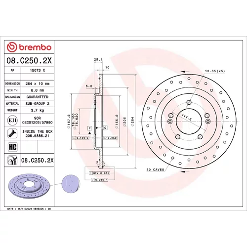 Brzdový kotúč BREMBO 08.C250.2X