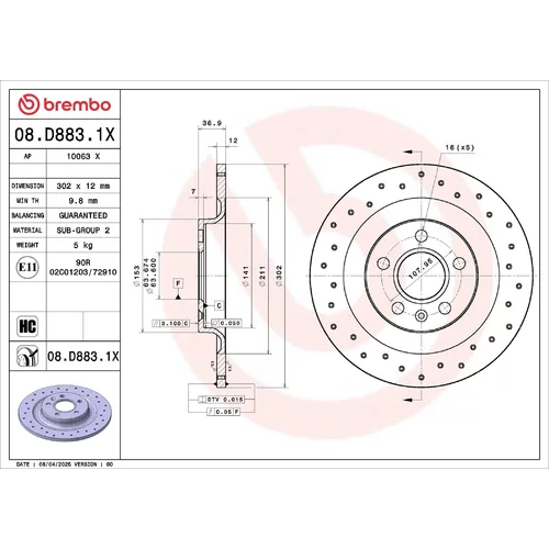Brzdový kotúč BREMBO 08.D883.1X