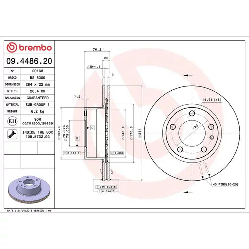 Brzdový kotúč BREMBO 09.4486.20