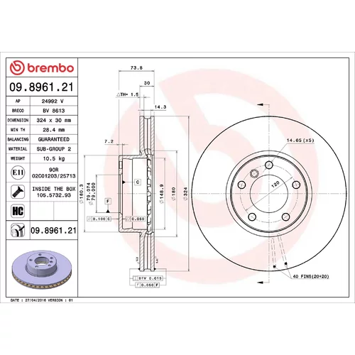 Brzdový kotúč BREMBO 09.8961.21