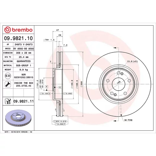 Brzdový kotúč BREMBO 09.9821.11
