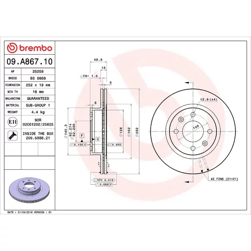 Brzdový kotúč BREMBO 09.A867.10