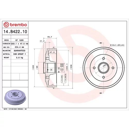 Brzdový bubon BREMBO 14.B422.10