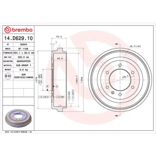 Brzdový bubon BREMBO 14.D629.10