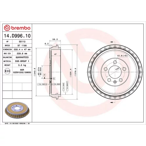 Brzdový bubon BREMBO 14.D996.10