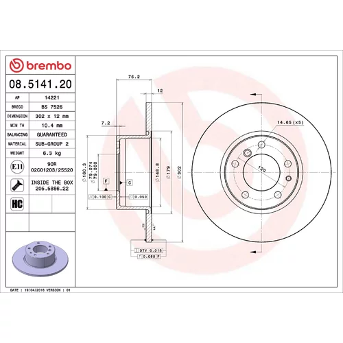 Brzdový kotúč BREMBO 08.5141.20