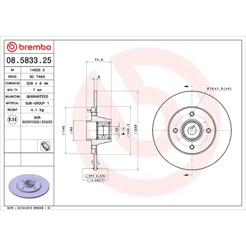 Brzdový kotúč BREMBO 08.5833.25
