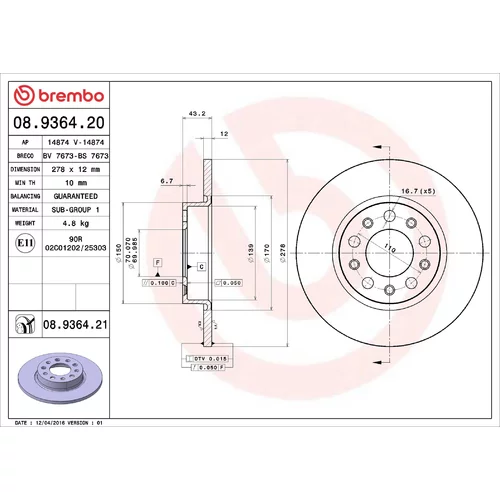 Brzdový kotúč BREMBO 08.9364.20