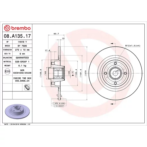 Brzdový kotúč BREMBO 08.A135.17