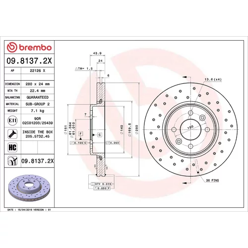 Brzdový kotúč BREMBO 09.8137.2X