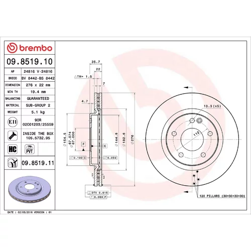 Brzdový kotúč BREMBO 09.8519.11