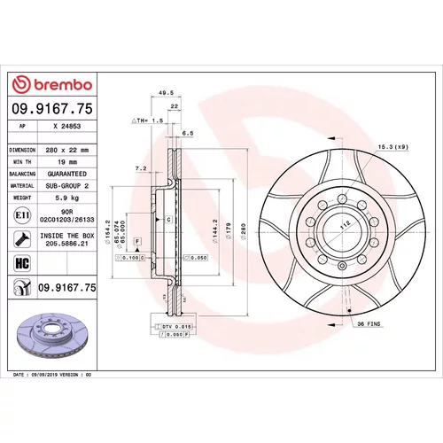 Brzdový kotúč BREMBO 09.9167.75