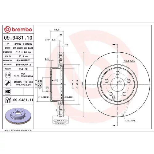 Brzdový kotúč BREMBO 09.9481.11