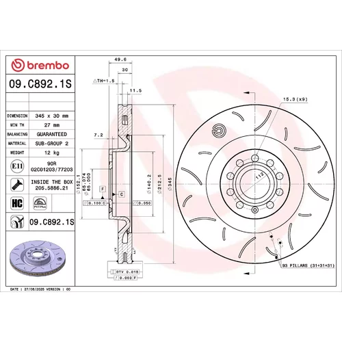 Brzdový kotúč 09.C892.1S /BREMBO/ - obr. 1
