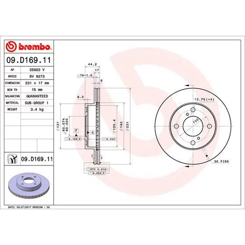 Brzdový kotúč BREMBO 09.D169.11