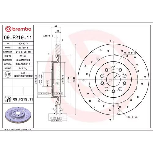 Brzdový kotúč 09.F219.11 /BREMBO/ - obr. 3