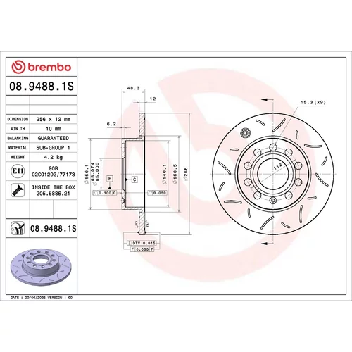 Brzdový kotúč BREMBO 08.9488.1S