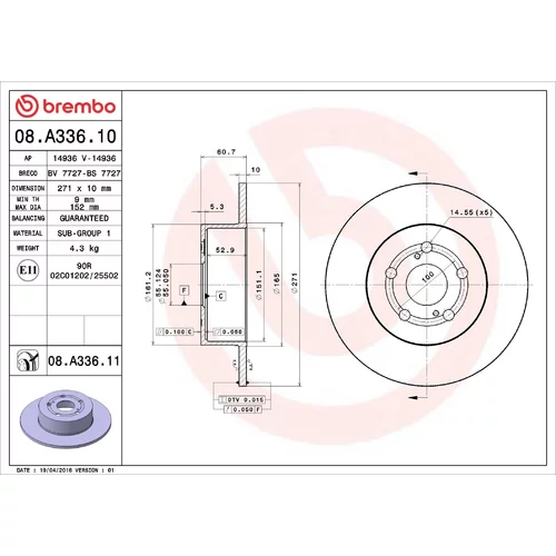Brzdový kotúč BREMBO 08.A336.11