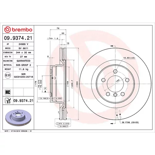 Brzdový kotúč BREMBO 09.9374.21