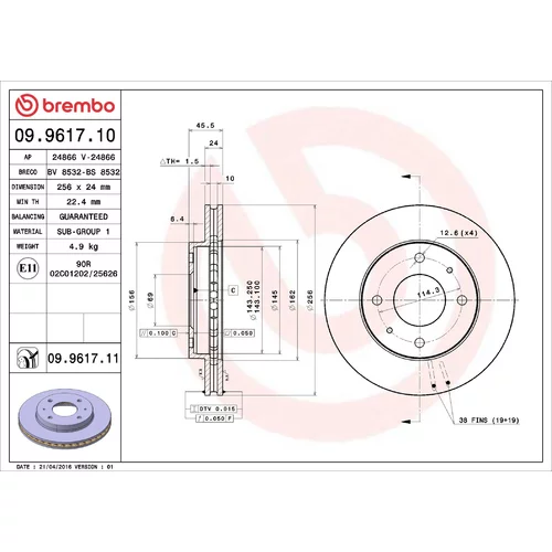 Brzdový kotúč BREMBO 09.9617.11