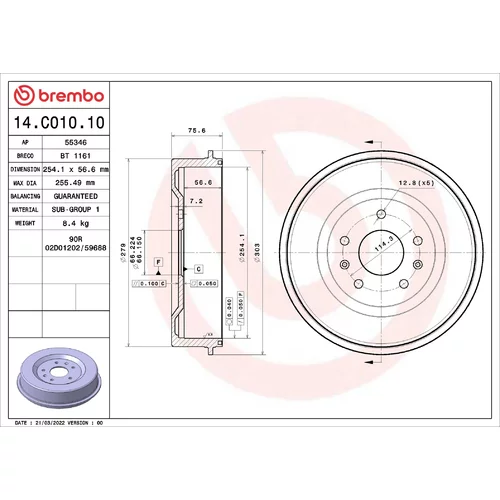 Brzdový bubon BREMBO 14.C010.10