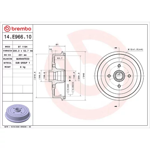 Brzdový bubon BREMBO 14.E966.10
