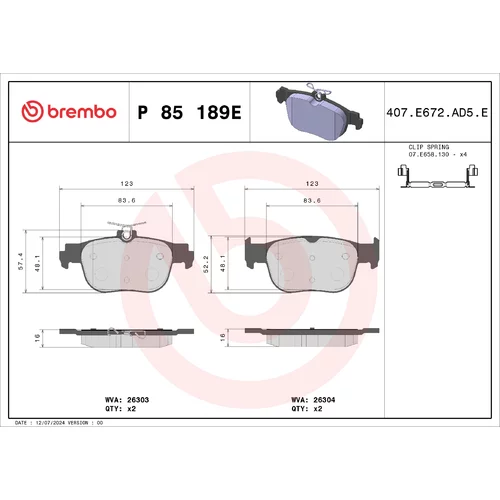 Sada brzdových platničiek kotúčovej brzdy BREMBO P 85 189E