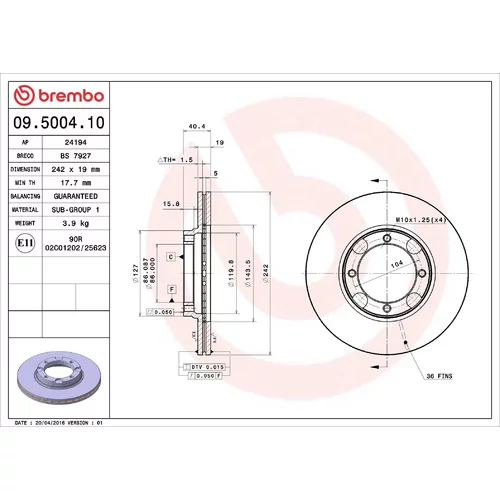 Brzdový kotúč BREMBO 09.5004.10