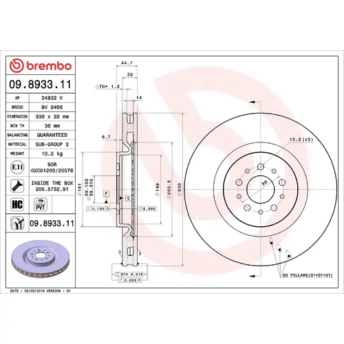 Brzdový kotúč BREMBO 09.8933.11