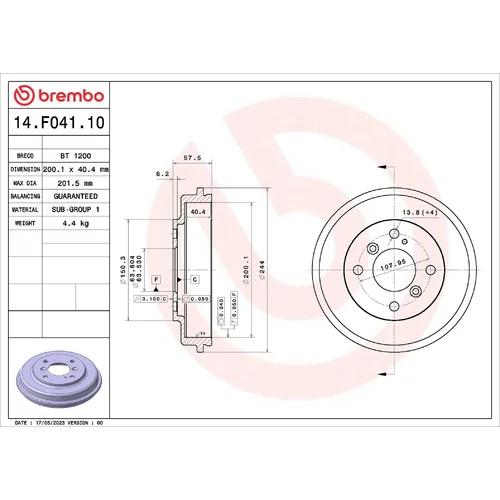 Brzdový bubon BREMBO 14.F041.10