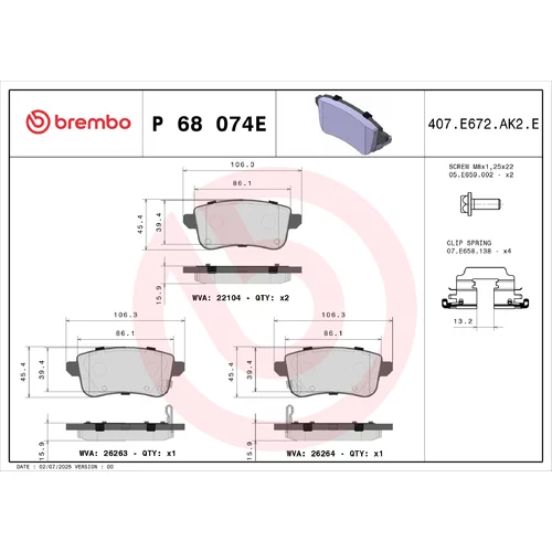 Sada brzdových platničiek kotúčovej brzdy BREMBO P 68 074E