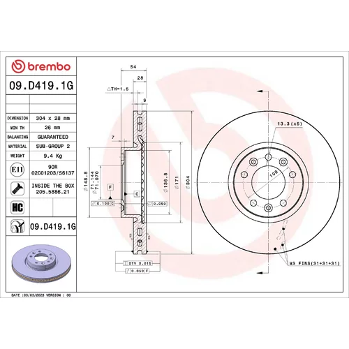 Brzdový kotúč BREMBO 09.D419.1G