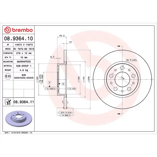 Brzdový kotúč BREMBO 08.9364.11