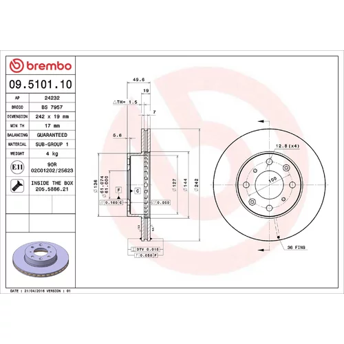 Brzdový kotúč BREMBO 09.5101.10