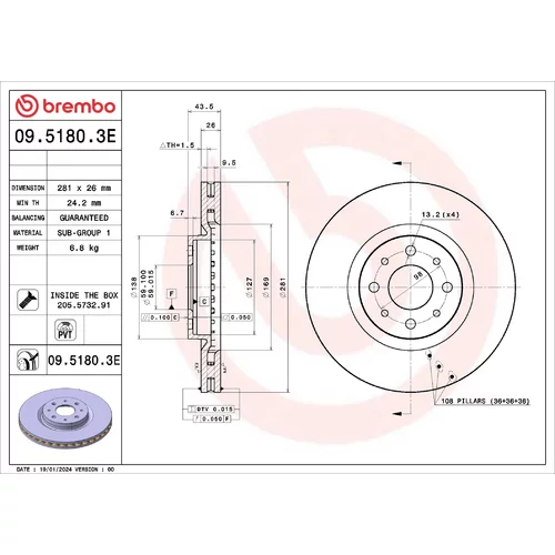 Brzdový kotúč BREMBO 09.5180.3E