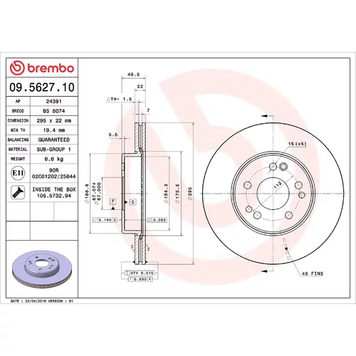 Brzdový kotúč BREMBO 09.5627.10