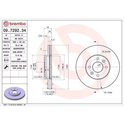 Brzdový kotúč BREMBO 09.7292.34